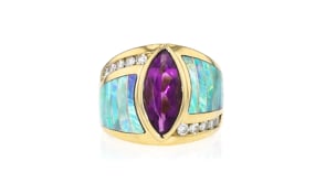C. 1980 Vintage Opal and 2.25 Carat Amethyst Ring with .40 ct. t.w. Diamonds in 14kt Yellow Gold