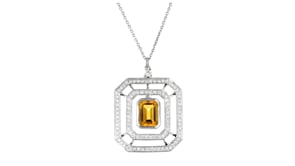 C. 1990 Vintage 1.50 Carat Citrine and 1.10 ct. t.w. Diamond Openwork Pendant Necklace in 18kt White Gold