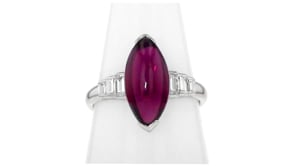 C. 1990 Vintage 4.36 Carat Garnet Navette Ring with .30 ct. t.w. Diamonds in Platinum