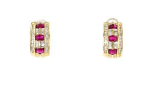 C. 1980 Vintage 1.50 ct. t.w. Ruby and 1.16 ct. t.w. Diamond Curved Earrings in 14kt Yellow Gold