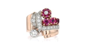 C. 1960 Vintage 1.50 ct. t.w. Ruby and .70 ct. t.w. Diamond Flower Ring in Platinum and 14kt Rose Gold