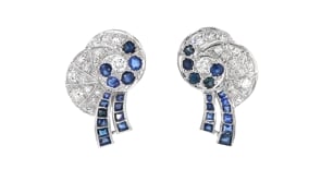 C. 1970 Vintage 2.60 ct. t.w. Sapphire and .90 ct. t.w. Diamond Swirl Earrings in 18kt White Gold