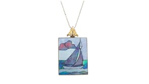 C. 1970 Vintage Multicolored Opal Sailboat Mosaic Pendant Necklace in 14kt Yellow Gold