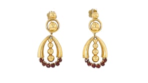 C. 1950 Vintage .75 ct. t.w. Garnet Beaded Drop Earrings in 18kt Yellow Gold