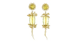 C. 2000 Vintage 20.00 ct. t.w. Lemon Quartz Floral Drop Earrings with Diamonds in 18kt Yellow Gold