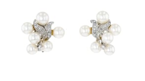 C. 1960 Vintage 6.5mm Cultured Pearl and .31 ct. t.w. Diamond Cluster Clip-On Earrings in 14kt White Gold