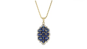 C. 1990 Vintage 5.75 ct. t.w. Sapphire Scalloped Pendant Necklace with .18 ct. t.w. Diamonds in 18kt Yellow Gold
