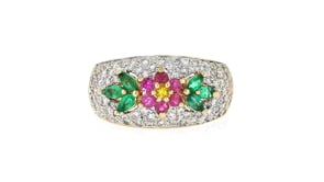 C. 1980 Vintage 1.25 ct. t.w. Diamond and 1.08 ct. t.w. Multi-Gemstone Flower Ring in 14kt Yellow Gold