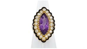 C. 1970 Vintage 6.50 Carat Amethyst Ring with .90 ct. t.w. Diamonds and Black Enamel in 14kt Yellow Gold