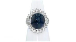 C. 1980 Vintage 14.21 Carat Sapphire Ring with 1.20 ct. t.w. Diamonds in Platinum