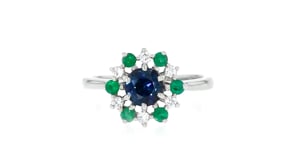 C. 1980 Vintage .75 Carat Sapphire Flower Ring with .30 ct. t.w. Emeralds and .15 ct. t.w. Diamonds in 18kt White Gold