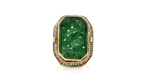 C. 1950 Vintage Carved Jade Ring with Seed Pearls and Multicolored Enamel in 14kt Yellow Gold