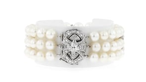 C. 1980 Vintage 6.5mm Cultured Pearl Three-Row Bracelet with 1.40 ct. t.w. Diamond Clasp in 14kt White Gold