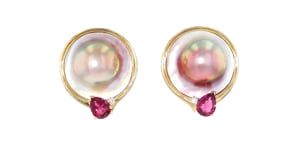 C. 1980 Vintage 25mm Cultured Blister Pearl and 3.00 ct. t.w. Pink Tourmaline Earrings with Diamonds in 14kt Yellow Gold