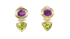 C. 1980 Vintage 11.50 ct. t.w. Amethyst and 3.60 ct. t.w. Peridot Drop Earrings with .12 ct. t.w. Diamonds in 14kt Yellow Gold
