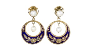C. 1960 Vintage Cultured Pearl and Blue Enamel Drop Earrings in 14kt Yellow Gold