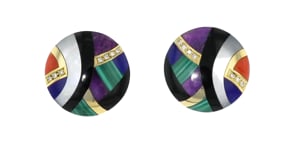 C. 1980 Vintage Asch Grossbardt Multi-Gemstone Inlay Disc Earrings with .28 ct. t.w. Diamonds in 14kt Yellow Gold