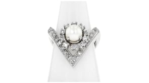 C. 1950 Vintage 6mm Cultured Pearl and .95 ct. t.w. Diamond Ring in 14kt White Gold