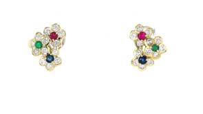C. 1980 Vintage 1.10 ct. t.w. Multi-Gemstone Flower Earrings with 1.40 ct. t.w. Diamonds in 14kt Yellow Gold