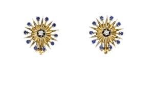 C. 1960 Vintage 1.20 ct. t.w. Sapphire and .14 ct. t.w. Diamond Starburst Earrings in 14kt Yellow Gold
