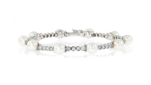 C. 2000 Vintage 6.5mm Cultured Pearl and 1.20 ct. t.w. Diamond Bracelet in 18kt White Gold