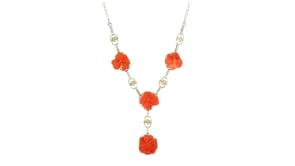 C. 1960 Vintage Carved Coral Flower Y-Necklace in 14kt Yellow Gold
