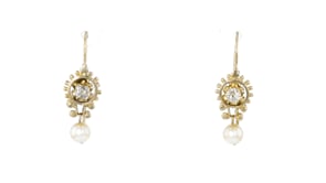 C. 1960 Vintage 5mm Cultured Pearl and .50 ct. t.w. Diamond Drop Earrings in 14kt Yellow Gold