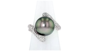 C. 1990 Vintage 12mm Black Cultured Pearl Bypass Ring with 1.50 ct. t.w. Diamonds in 18kt White Gold