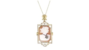 C. 1950 Vintage Brown Shell Cameo Pendant Necklace with Single Diamond in 14kt Yellow Gold
