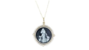 C. 1980 Vintage .20 ct. t.w. Diamond Mother Mary Pendant Necklace with Seed Pearls and Multicolored Enamel in 18kt Yellow Gold