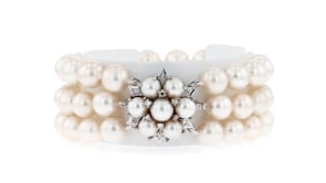 C. 1950 Vintage 8-8.5mm Cultured Pearl Three-Row Bracelet with .24 ct. t.w. Diamond Floral Clasp in 14kt White Gold