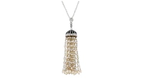 C. 1930 Vintage Cultured Pearl and .65 ct. t.w. Diamond Tassel Pendant Necklace in 18kt Two-Tone Gold