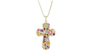 C. 1990 Vintage 9.35 ct. t.w. Multi-Gemstone Cross Pendant Necklace with Diamonds and Simulated Sapphires in 14kt Yellow Gold