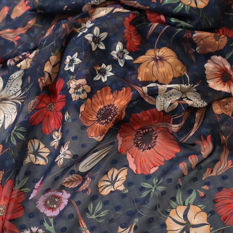 Vidéo: Mousseline jacquard – Fleurs sauvages fond bleu marine