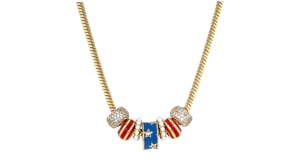 14kt Yellow Gold-Plated and Multicolored Enamel Patriotic Bead Charm Necklace with Simulated Gemstones and Pearls