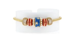 14kt Yellow Gold-Plated and Multicolored Enamel Patriotic Bead Charm Bracelet with Simulated Gemstones and Pearls