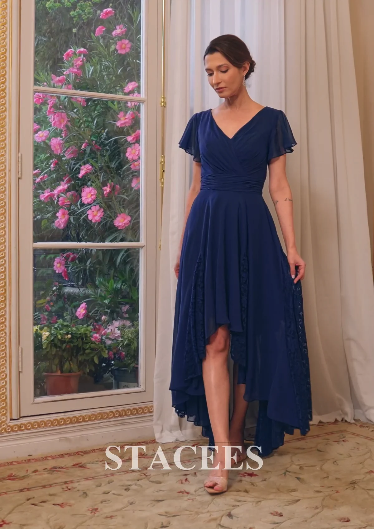asymmetrical hem dress formal Stacees A-line V Neck Flutter Sleeve Chiffon Mother of the Bride or Groom with Lace Pleated Cascading Ruffles Size:8XL A stylish 2026 NH SPRING SHOP T272015D Classic Soft Stretch
