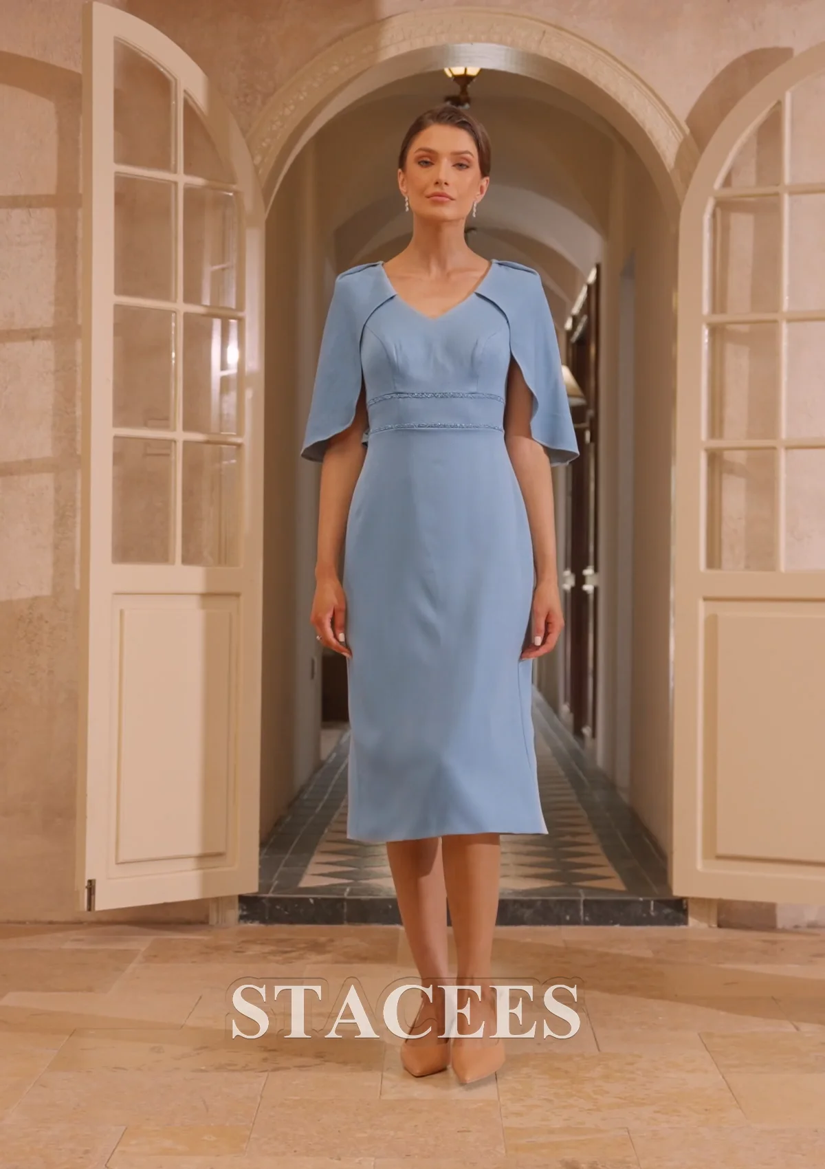 structured knee length dress Sheath Knee-Length Mother of the Bride with Draped Cape Overlay Beaded Waist S5137M - Mother of the Bride Dresses knee length dresses formal