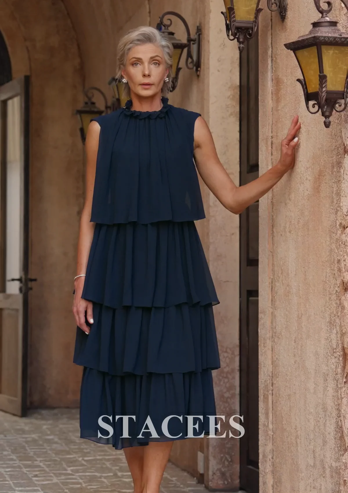 Tea Length Tiered Chiffon Mother of the Bride Dress with Beaded