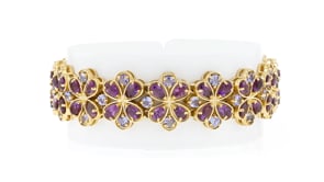 13.00 ct. t.w. Amethyst and 5.50 ct. t.w. Tanzanite Flower Bracelet in 18kt Gold Over Sterling