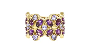 3.60 ct. t.w. Amethyst and 2.00 ct. t.w. Tanzanite Flower Ring in 18kt Gold Over Sterling