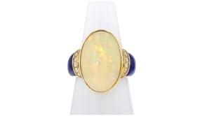 C. 1980 Vintage Opal and Lapis Ring with .35 ct. t.w. Diamonds in 14kt Yellow Gold