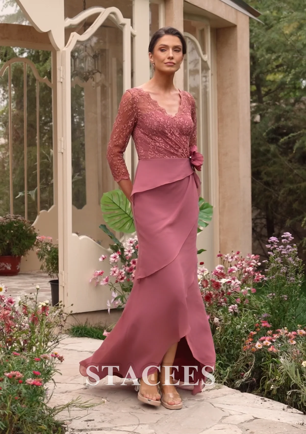 Sheath Floor‑Length 3/4 Sleeves Lace Mother of the Bride Dress
