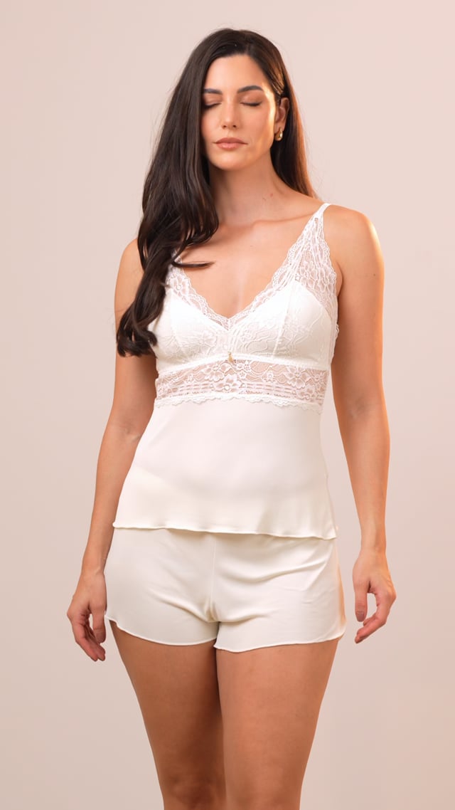 Pijama Short Doll Orqu�dea Em Poliamida e Renda Sem Bojo