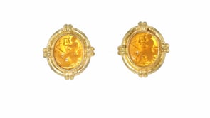 C. 1990 Vintage Elizabeth Locke Yellow Venetian Glass Intaglio Earrings with Mother-of-Pearl in 18kt Yellow Gold