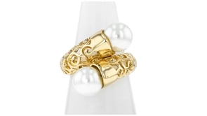 Italian 14kt Yellow Gold-Plated Bypass Ring with Simulated Pearls