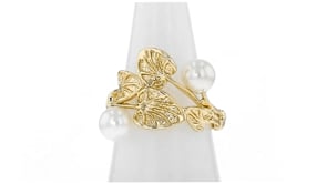 Italian 14kt Yellow Gold-Plated Leaf Ring with Simulated Pearls