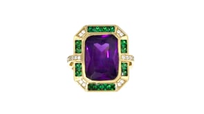 14kt Yellow Gold-Plated Ring with Simulated Amethyst, Emeralds and .10 ct. t.w. CZs