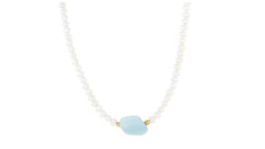 4-5mm Cultured Pearl and 11.00 Carat Milky Aquamarine Necklace with 18kt Gold Over Sterling