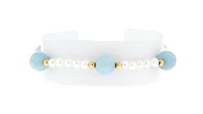 4mm Cultured Pearl and 19.00 ct. t.w. Milky Aquamarine Bead Station Bracelet with 18kt Gold Over Sterling